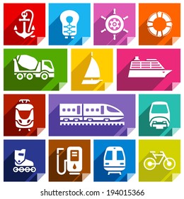 Transport flat icons with shadow, stickers square shapes, bright colors - Set 01