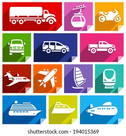 Transport flat icons with shadow, stickers square shapes, bright colors - Set 07