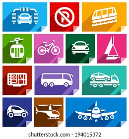 Transport flat icons with shadow, stickers square shapes, bright colors - Set 06