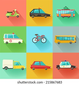 Transport flat vector icons. 9 colorful urban city vehicles including tram, ambulance, taxi cab, police car. 