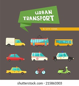 Transport flat vector icons on dark background. 9 colorful urban city vehicles including tram, ambulance, taxi cab, police car. 