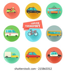 Transport flat vector icons on circular backgrounds. 9 colorful urban city vehicles including tram, ambulance, taxi cab, police car. 