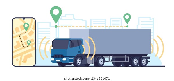 Transporte de futuro. El camión se mueve en la carretera sin conductor. Camión sin conductor. Conducción automotriz. Aplicación para smartphone de control de rutas de la ciudad. Pines de ubicación. Cargo