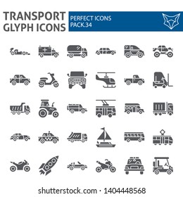 Transport glyph icon set, vehicle symbols collection, vector sketches, logo illustrations, traffic signs solid pictograms package isolated on white background, eps 10.