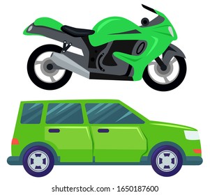Transport of green color vector, motorbike and van of old sample flat style. Minivan small lorry and modern bike with seat and handles, minibus vehicle