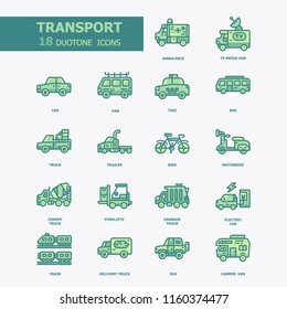 Transport Green Duotone 18 icons.Trasportation  Vehicle Concept.