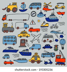 Transport hand drawn color set
