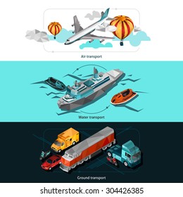 Transport horizontal banners set with low poly isometric air water and ground vehicles isolated vector illustration