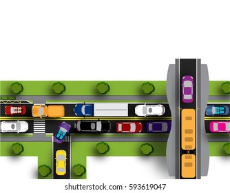 Transport hub with difficult movement. Various cars. Isolated on white background. Vector illustration