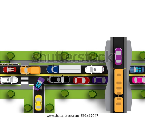 Transport hub with\
difficult movement. Various cars. Isolated on white background.\
Vector illustration