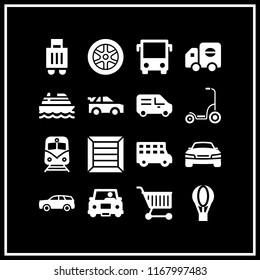 transport icon. 16 transport vector set. train, bus front view, driving and hot air balloon icons for web and design about transport theme