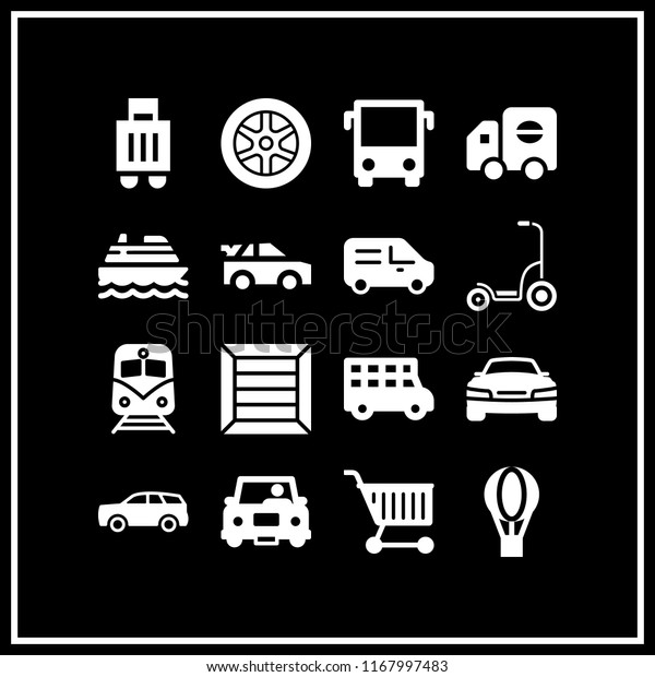 transport icon. 16 transport vector set. train, bus\
front view, driving and hot air balloon icons for web and design\
about transport\
theme