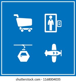 transport icon. 4 transport vector set. man in an elevator, aeroplane, shopping cart and gondola icon icons for web and design about transport theme