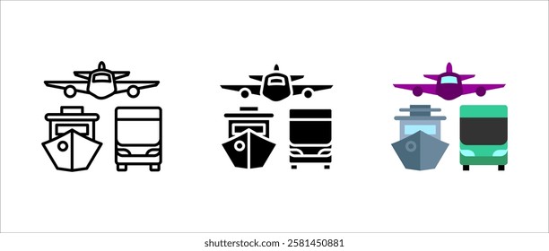 Transport icon. Airplane, ship, and signs. Multi-modal transportation and mobility symbols. Urban transit and travel pictogram. Public and commercial transport illustration.