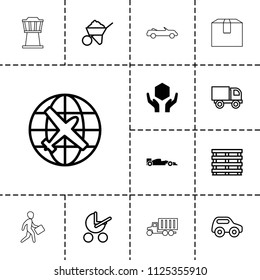 Transport icon. collection of 13 transport filled and outline icons such as handle with care, sport car, plane, baby stroller. editable transport icons for web and mobile.