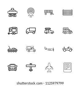 Transport icon. collection of 16 transport outline icons such as bike, car, truck, trailer, cargo box, cargo plane back view. editable transport icons for web and mobile.