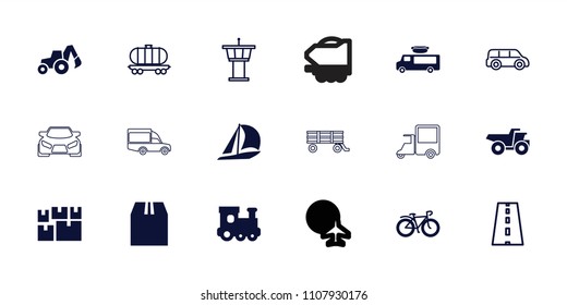 Transport icon. collection of 18 transport filled and outline icons such as train toy, sailboat, bicycle, cargo container. editable transport icons for web and mobile.