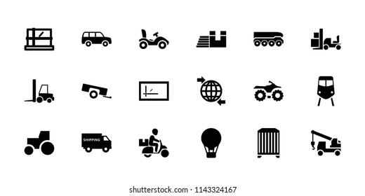 Transport icon. collection of 18 transport filled icons such as train, parcel, tractor, truck with hook, motorcycle, air balloon. editable transport icons for web and mobile.