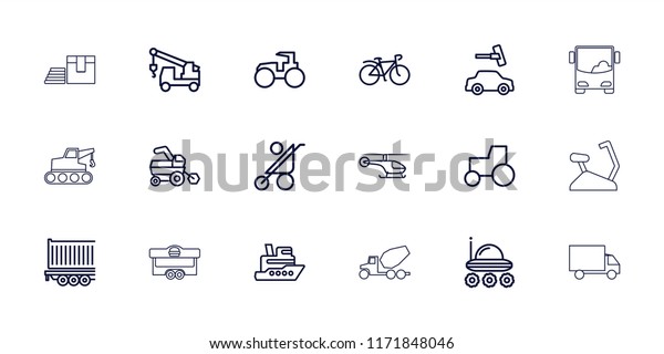 Transport icon.\
collection of 18 transport outline icons such as tractor, baby\
stroller, car wash, truck with hook, ship, bicycle. editable\
transport icons for web and\
mobile.