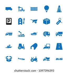 Transport icon. collection of 25 transport filled icons such as wheel barrow, tractor, truck with luggage, helicopter, tunnel. editable transport icons for web and mobile.