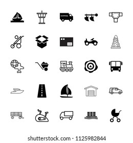 Transport icon. collection of 25 transport filled and outline icons such as runway, airport bus, bike, box, cargo ship, boat. editable transport icons for web and mobile.