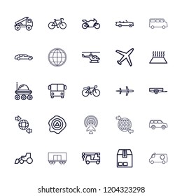 Transport icon. collection of 25 transport outline icons such as barrow, airport bus, car, excavator, truck with hook, plane. editable transport icons for web and mobile.