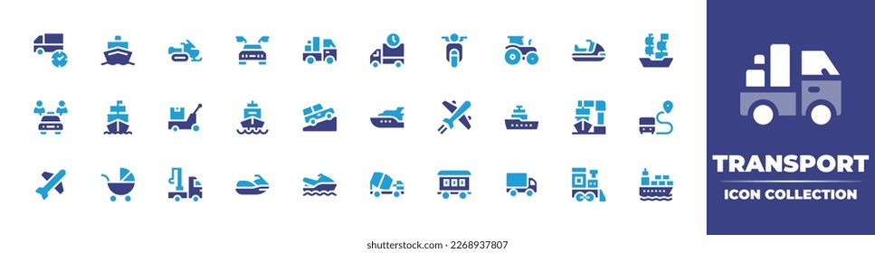 Transport icon collection. Duotone color. Vector illustration. Containing delivery time, boat, snowmobile, car, lorry, delivery truck, motorcycle, tractor, jet ski, ship, sharing, logistics, jeep.