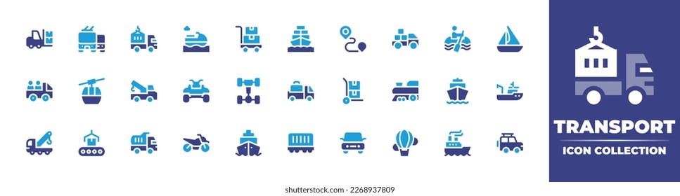 Transport icon collection. Duotone color. Vector illustration. Containing boxes, public transport, delivery truck, jet ski, trolley, freight, delivery, canoe, boat, car, cable car, tow truck, quad.