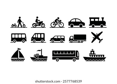 Transport Icon Collection: Includes walk, bike, motorbike, train, car, truck, plane, bus, ship, sailboat, and delivery aircraft icons.

