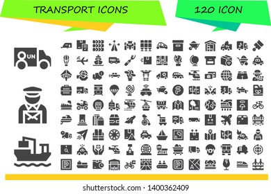 transport icon set. 120 filled transport icons.  Simple modern icons about  - Van, Cargo ship, Postman, Caravan, Delivery, Tires, Plane, Race car, Seat, Buggy, Box, Wheelbarrow