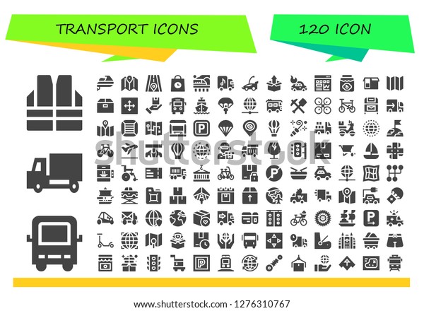  transport icon\
set. 120 filled transport icons. Simple modern icons about  - Vest,\
Bus, Delivery truck, Jet ski, Map, Road, Delivery, Train, Truck,\
Car, Package, Traffic, Jam