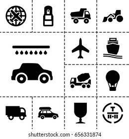 Transport icon. set of 13 filled transporticons such as plane, toy car, car wash, concrete mixer, excavator, fragile cargo, cargo terminal, cargo ship, office supply, car