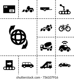 Transport icon. set of 13 filled transport icons such as barrow, truck crane, concrete mixer, excavator, bicycle, ground the globe, car, conveyor, conveyor and robot arm