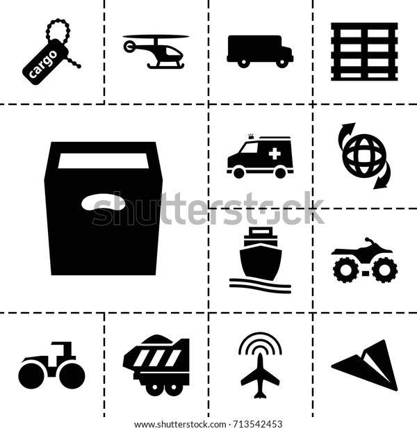Transport icon. set of 13 filled\
transport icons such as plane, tractor, cargo box, cargo tag,\
qround the globe, box, ambulance, helicopter, paper plane,\
motorcycle