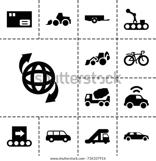 Transport icon. set of\
13 filled transport icons such as barrow, truck crane, concrete\
mixer, excavator, bicycle, ground the globe, car, conveyor,\
conveyor and robot\
arm