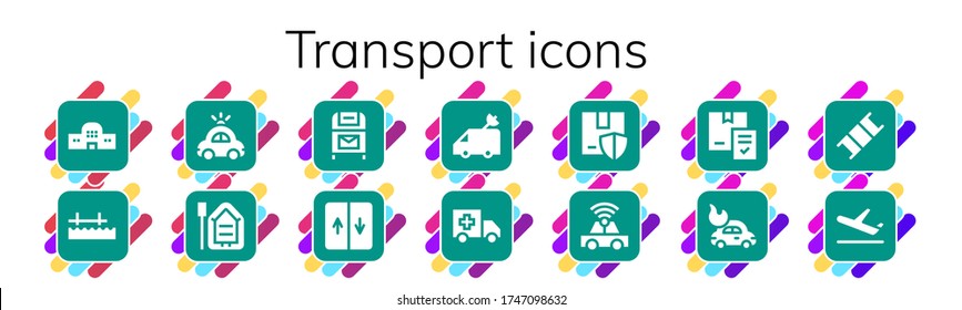 Transport Icon Set. 14 Filled Transport Icons. Included Train Station, Pier, Police Car, Boat, Postbox, Elevator, Van, Ambulance, Package, Car, Delivery, Stretcher, Plane Icons