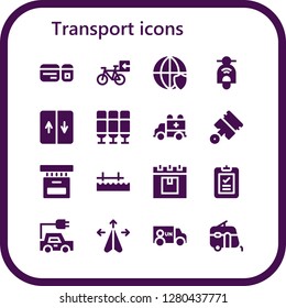  transport icon set. 16 filled transport icons. Simple modern icons about  - Plane ticket, Bicycle, Worldwide, Scooter, Elevator, Seat, Ambulance, Pistons, Box, Pier, Delivery