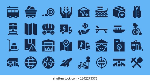 transport icon set. 32 filled transport icons. Included Van, Train, Wheelbarrow, Caravan, Wagon, Map, Package, Worldwide, Blower, Hangar, Earth, Truck, Aeroplane, Parking icons