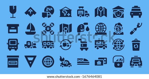 transport icon\
set. 32 filled transport icons. on blue background style Simple\
modern icons such as: Fragile, Box, Bus, Airplane, Sailboat,\
Forklift, Earth, Delivery truck,\
Drone