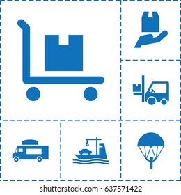 Transport icon. set of 6 transport filled icons such as van, forklift, cargo on cart, cargo ship, cargo protection