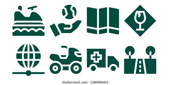  transport icon set. 8 filled transport icons. Simple modern icons about  - Worldwide, Jet ski, Quad, Earth, Ambulance, Map, Street, Fragile