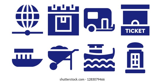 transport icon set. 8 filled transport icons. Simple modern icons about  - Boat, Worldwide, Wheelbarrow, Delivery, Caravan, Telephone booth, Ticket office