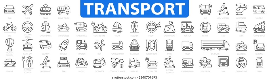 Juego de iconos de transporte. Iconos de Air, Auto, Moto, Railway Transport. Coche, bicicleta, avión, tren, bicicleta, moto, autobús, ciclomotor, tranvía, tren, metro y más. Ilustración vectorial
