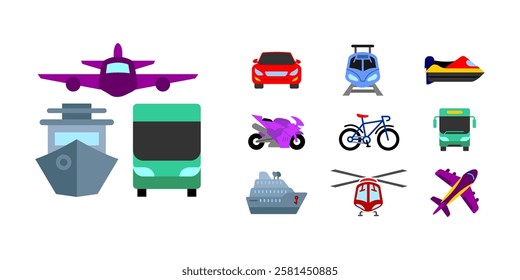 Transport icon set. Airplane, ship, bus, train, helicopter, bicycle, motorcycle, car, and jetski signs. Urban air, road, and sea travel pictogram. Tourism and transit illustration.