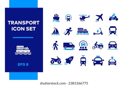 Transport icon set. Boat, car, bike, plane, train, bicycle, motorbike. Transport and vehicle. Auto, scooter, bus, ferry, taxi, lorry, tram, helicopter, motorcycle, scooter.