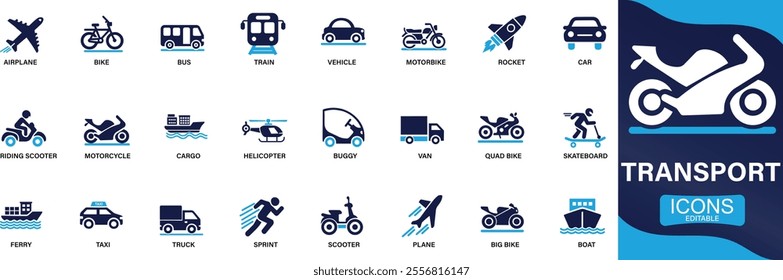 Transport icon set. car, bike, plane, train, bicycle, motorbike, bus, scooter You can easily change the color.