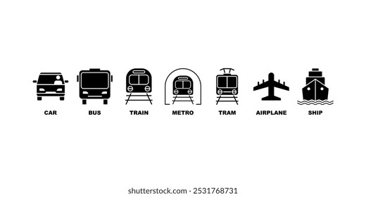 transport icon set ,car, bus, train ,ship,metro,tram, plane in editable black silhouette style