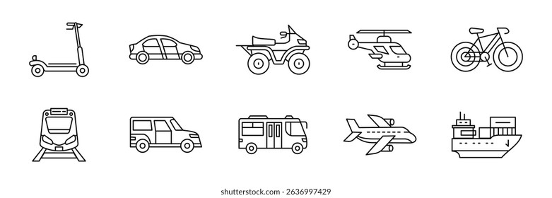 Transport icon set. Car, bus, scooter, bike and truck outline symbols. Transportation vehicles vector illustration. Travel, delivery and logistics concept sign. Cargo and journey line pictogram.