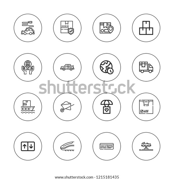 Transport icon set.\
collection of 16 outline transport icons with car, box, electric\
car, elevator, delivery truck, package, parachute, plane ticket,\
shipping, train\
icons.