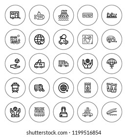 Transport icon set. collection of 25 outline transport icons with car, caravan, electric car, delivery truck, kneepad, map, levitation, parachuting icons. editable icons.